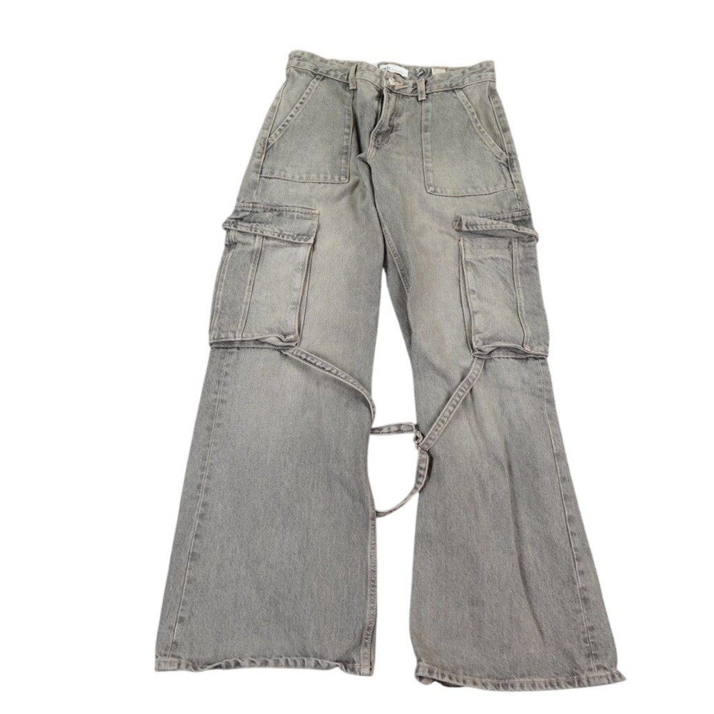 Zara Cargo Jeans Women Size 6 Grey Wide Leg Strap Detail Utility TRF Streetwear